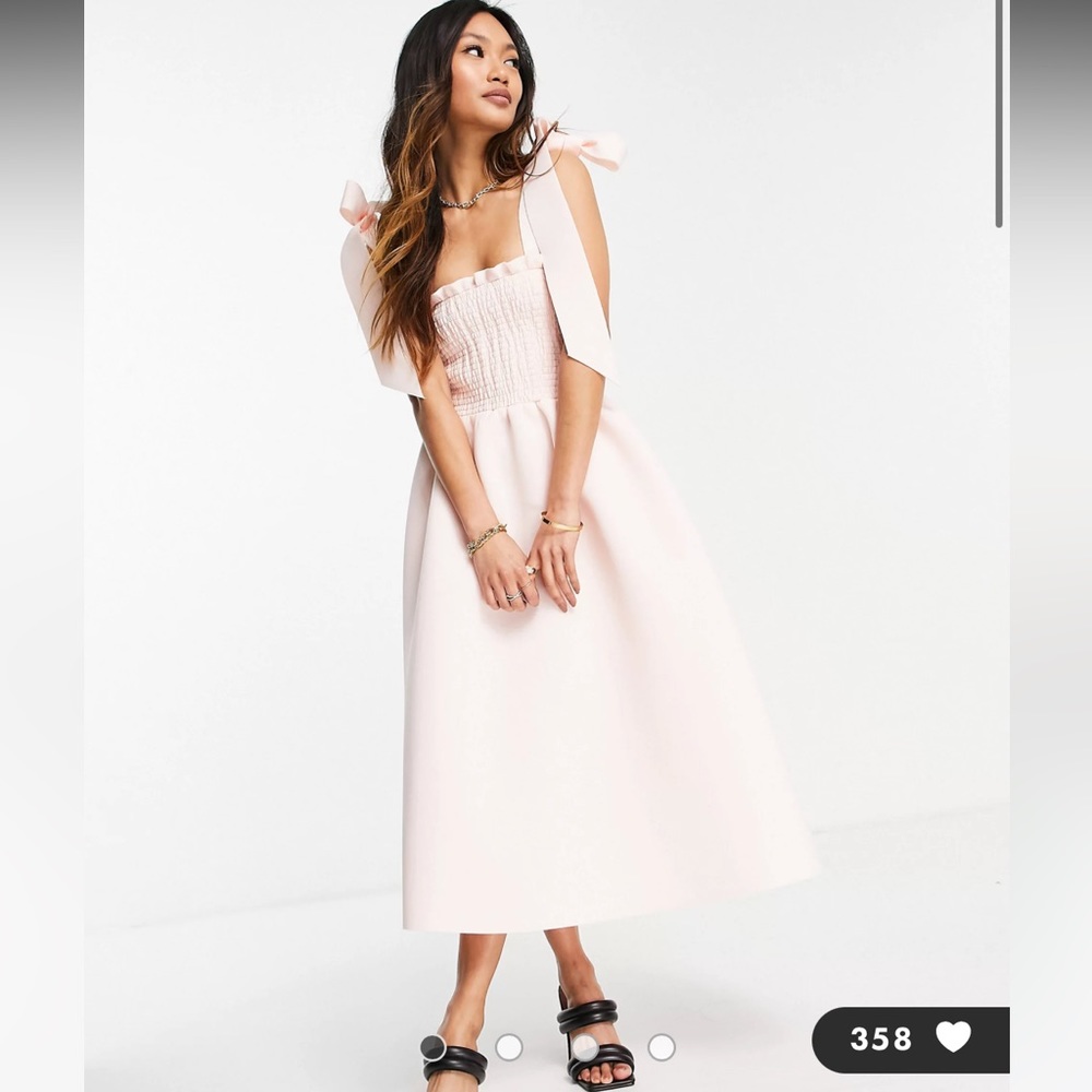 ASOS DESIGN shirred bunny tie prom midi dress in blush